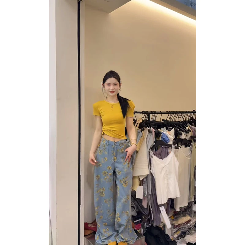 盐系气质高级感修身褶皱短袖T恤上衣夏季新款宽松印花直筒牛仔裤