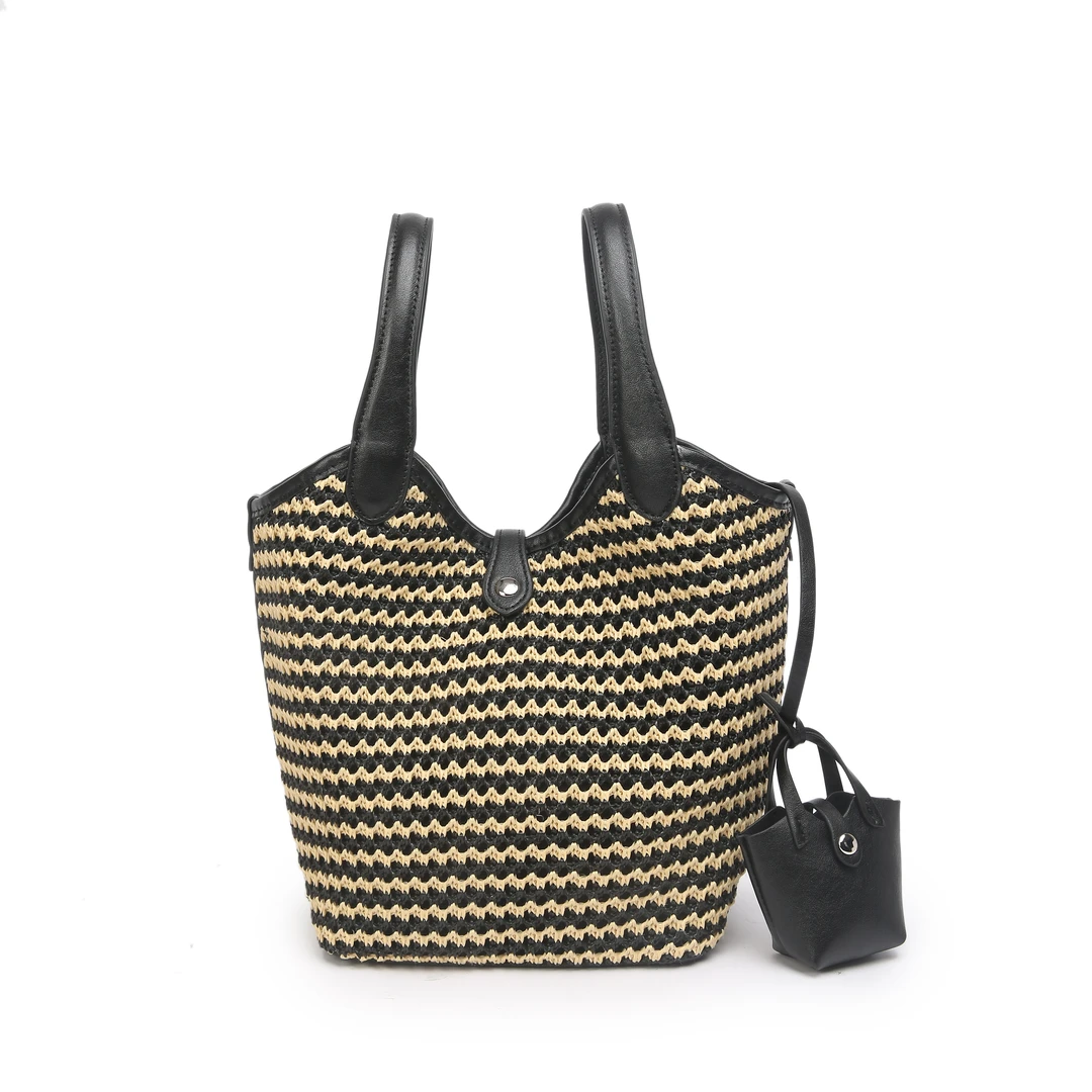 【蟹老板优选】时尚拉菲草手提单肩女包1951#拉菲草/黑