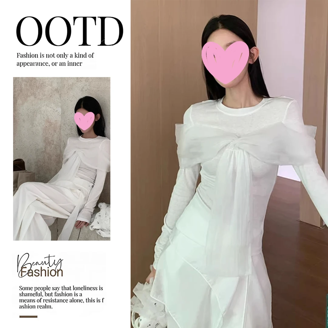 法式小众设计感蝴蝶结白色t恤早秋季新款高级感收腰显瘦气质上衣