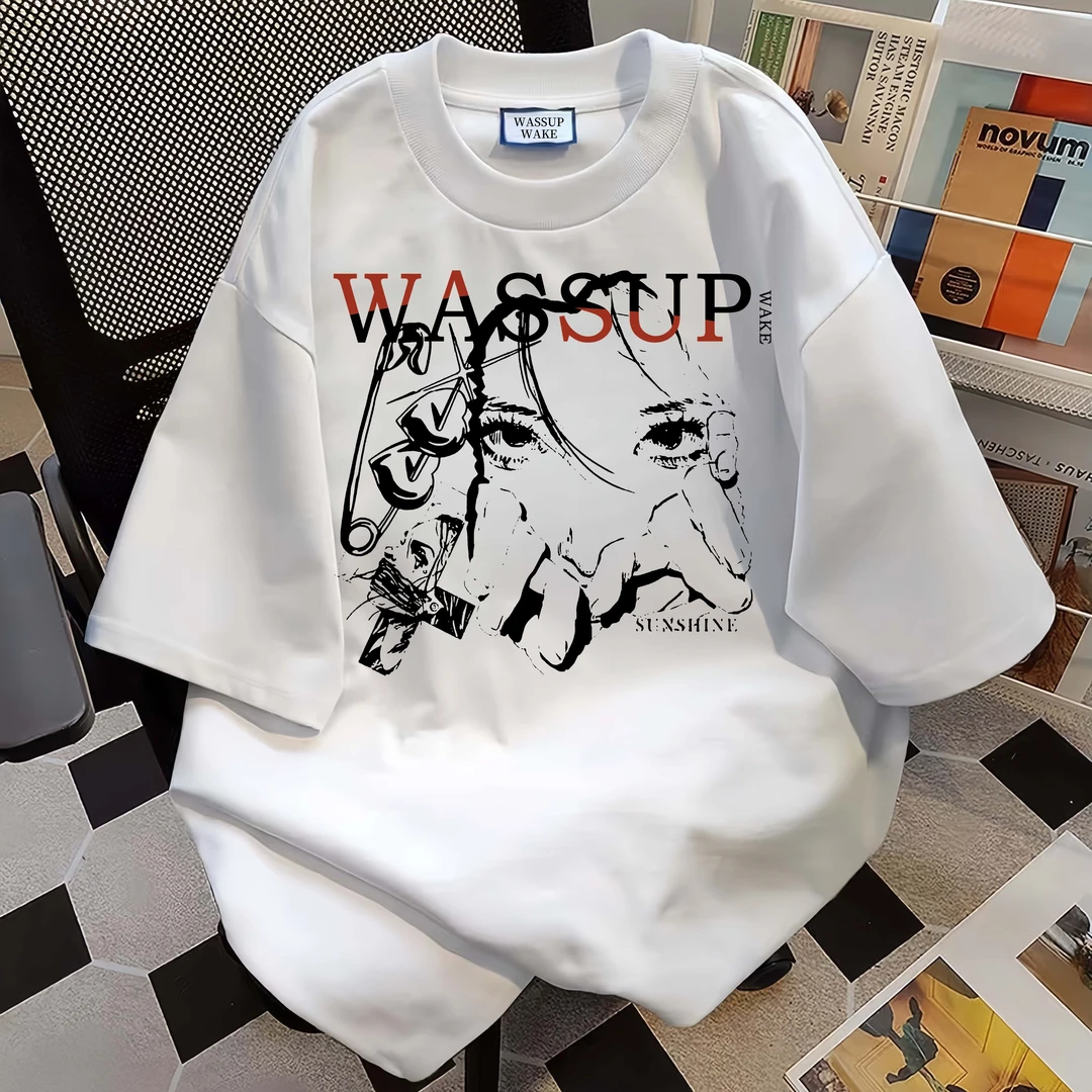 WASSUP WAKE潮牌重磅纯棉短袖t恤男女2025新款夏季百搭圆领休闲潮