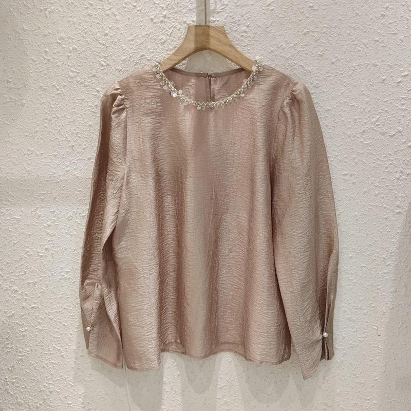 亮片珍珠重工圆领长袖衬衫女设计感小众气质超仙上衣2025春季新款