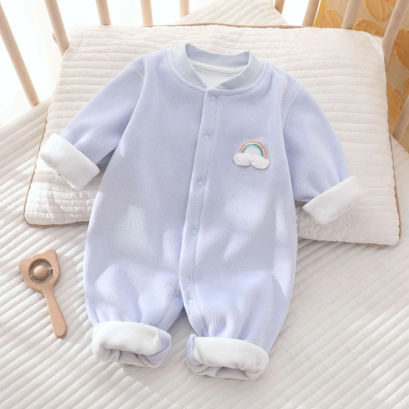 秋冬婴儿加绒连体双面绒打底衣新生儿宝宝加厚保暖连身爬服