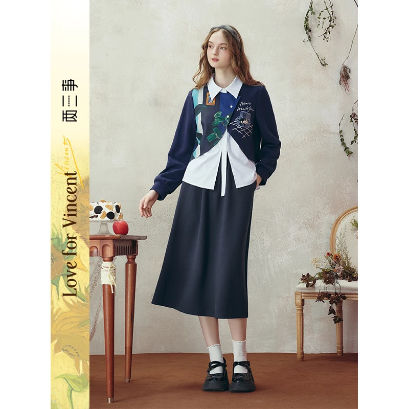 两三事马蒂斯甜美臆想2025秋新款印花拼接假两件衬衫半裙两件套