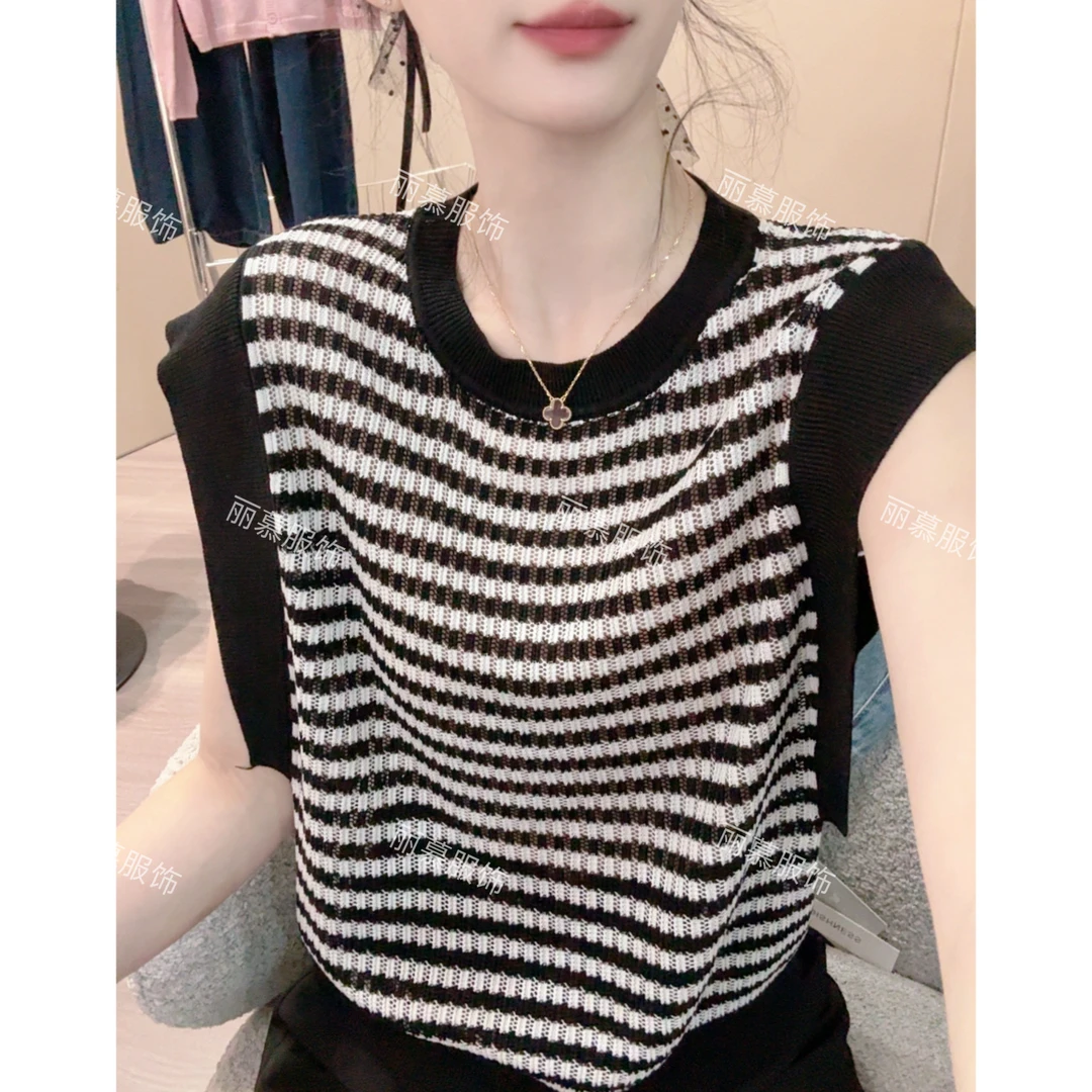 【条纹拼接无袖T恤】圆领撞色条纹拼接假两件无袖针织T恤衫1787