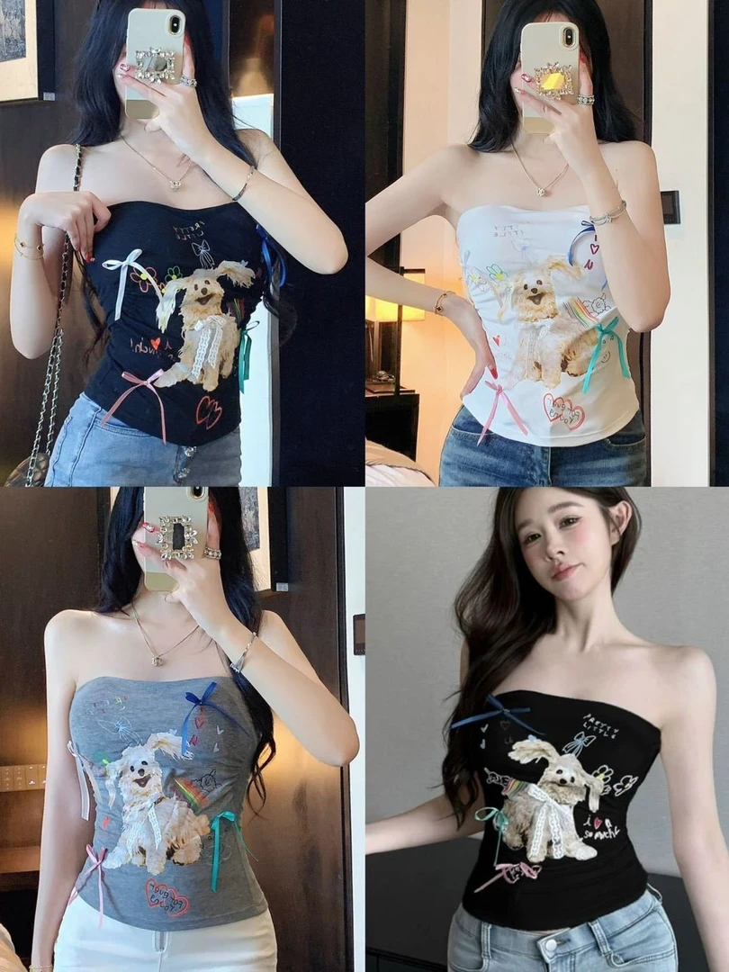 辣妹蝴蝶结小狗印花一字肩抹胸无袖背心女带胸垫美背收腰减龄上衣