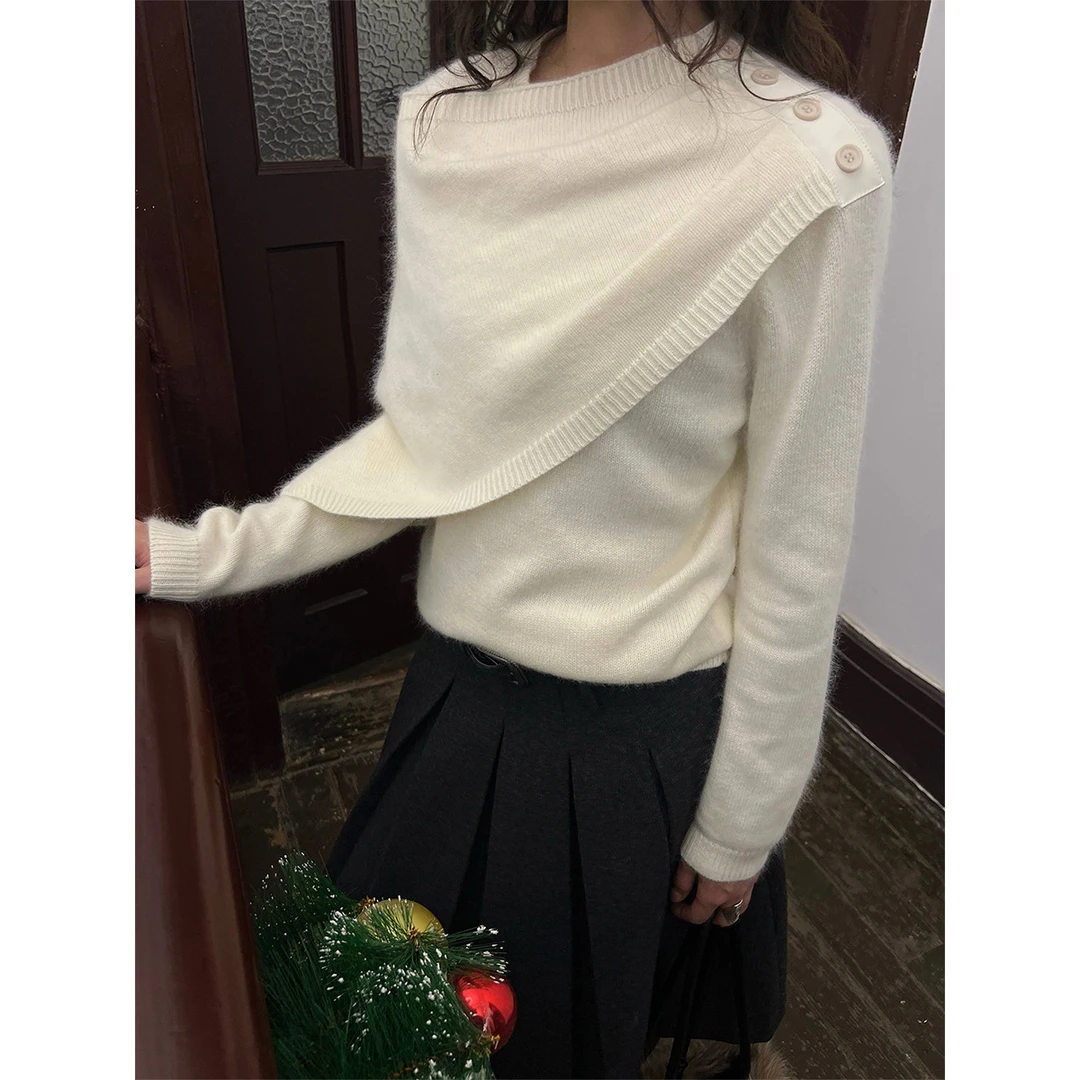 2025冬季新款慵懒气质百搭时尚保暖毛衣圆领披肩羊毛针织衫W1989