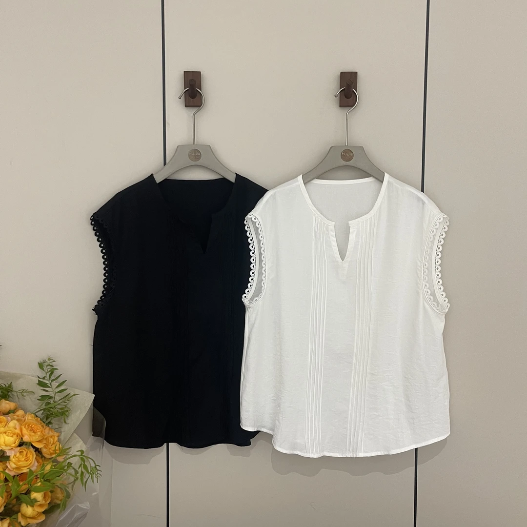 新款韩版简约纯色百搭时尚蕾丝拼接袖衬衫C55655