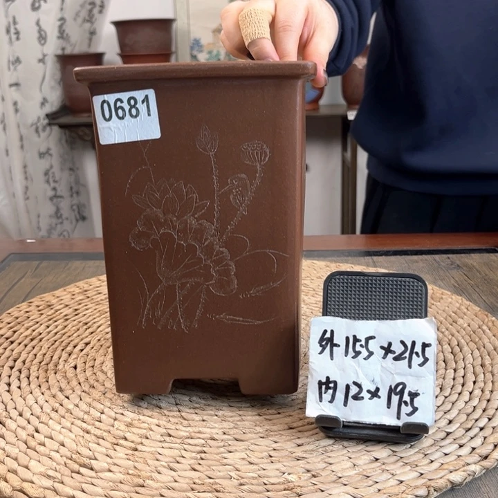 紫砂花盆福利紫泥荷花刻绘签筒0681