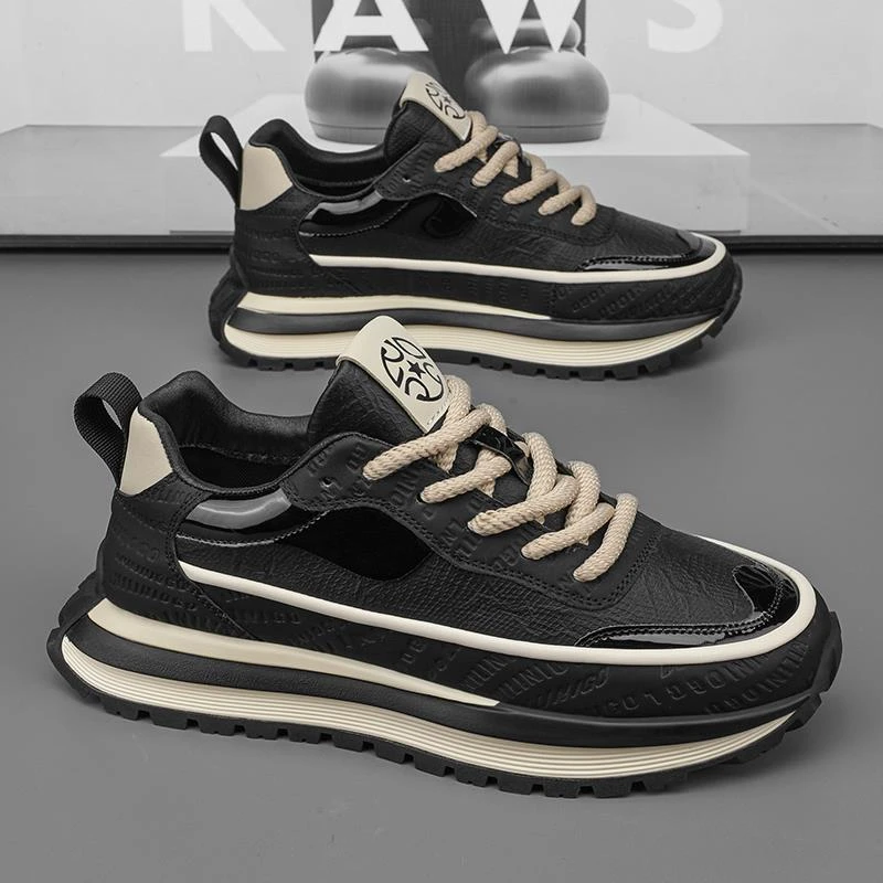 冬季男鞋新款百搭跑步运动男士黑色皮面休闲软底阿甘老爹潮鞋