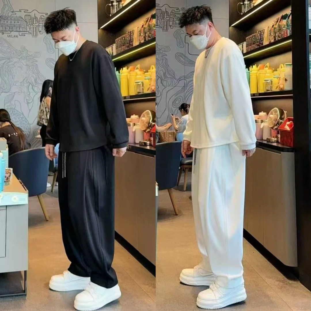 秋季潮牌松弛感时尚运动套装男纯色圆领长袖T恤阔腿休闲裤两件套
