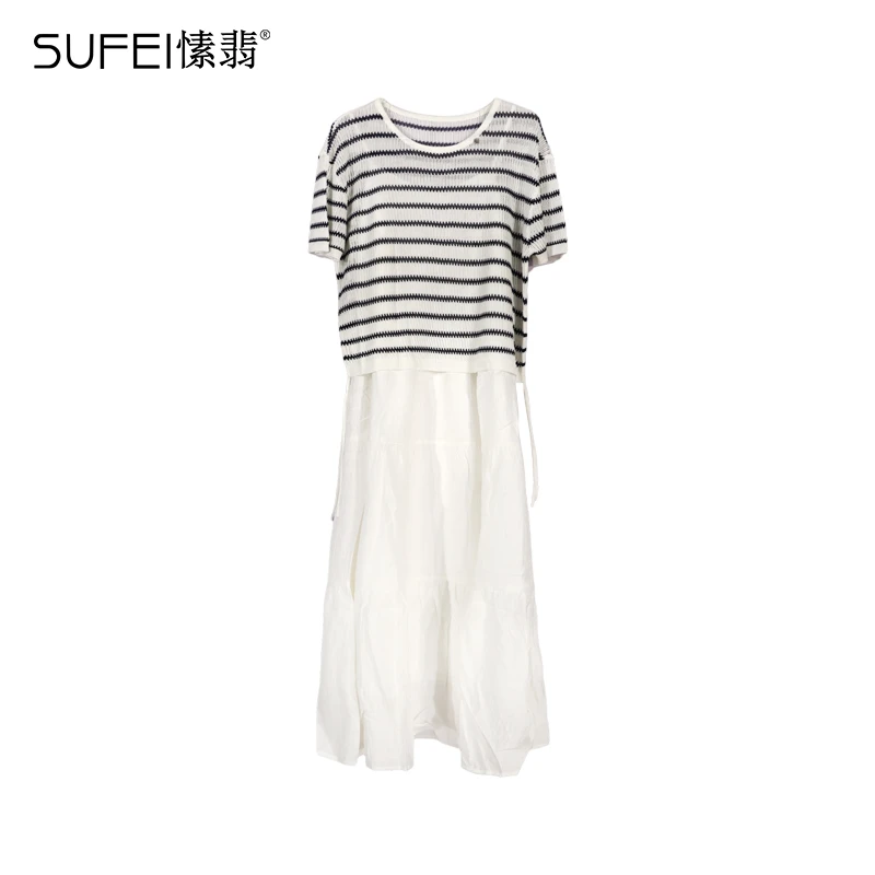 SUFEI/愫翡S52TQ0571A 夏季新款简约条纹上衣两件套裙 0571