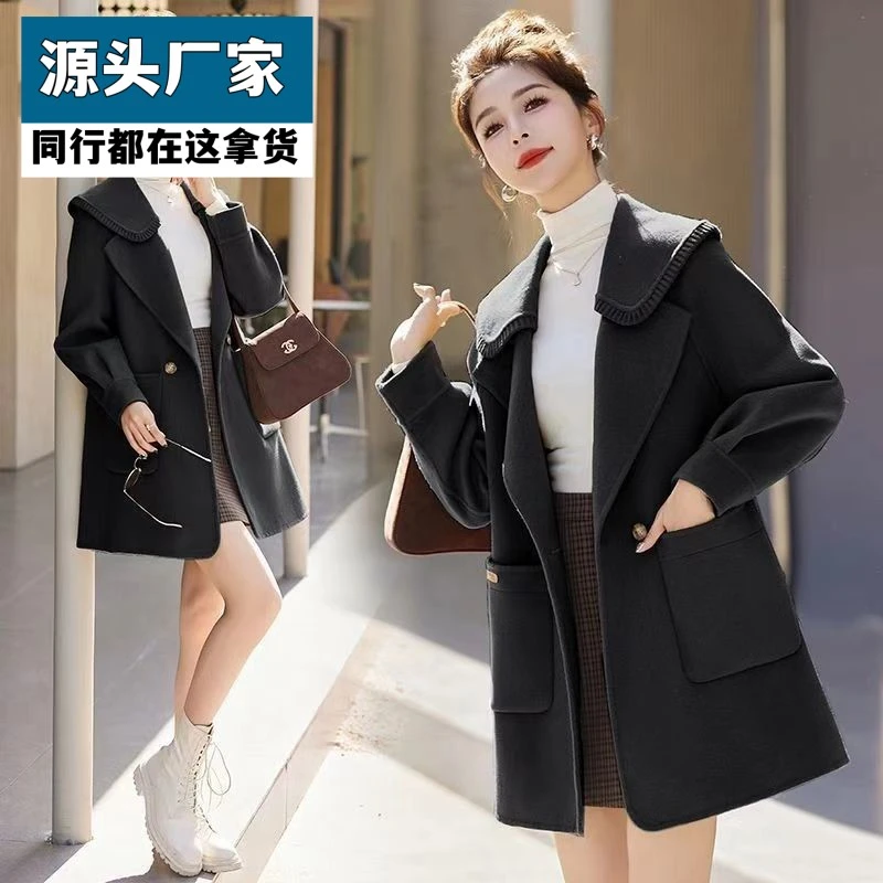 梵乐芬娃娃领双面呢羊毛大衣女士2025春秋季新款休闲宽松中长款毛