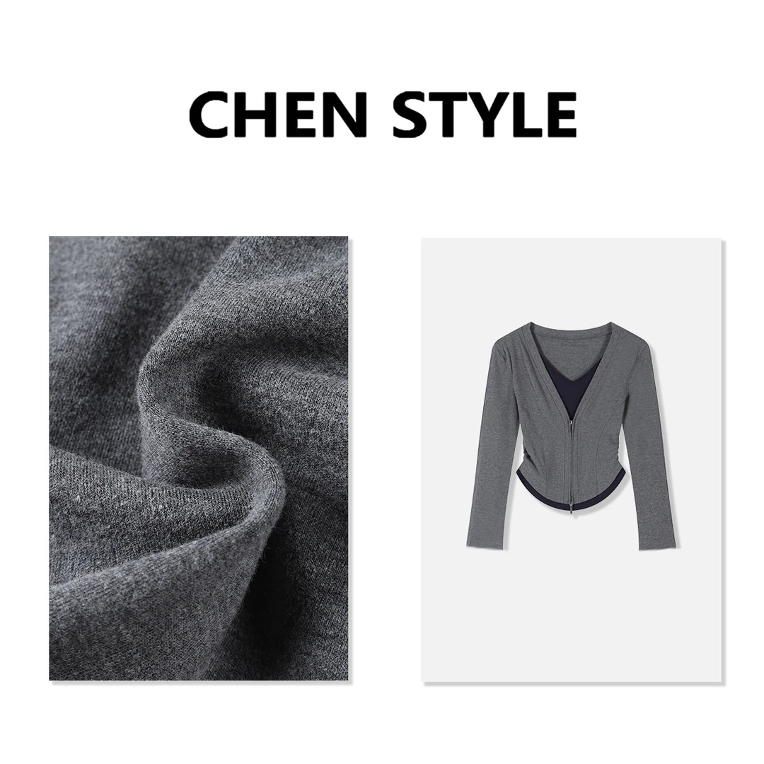 楚楚君~【掐出A4腰】T82194加厚设计感假两件V领长袖上衣