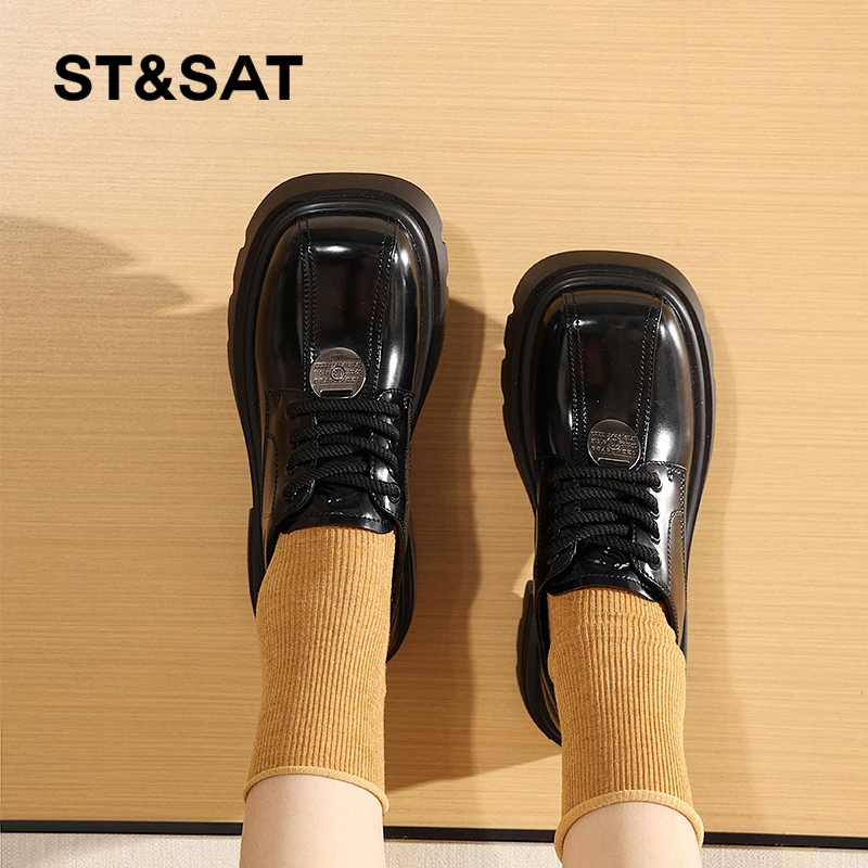 星期六方头乐福鞋女2025春季新款英伦风小皮鞋百搭复古厚底单鞋