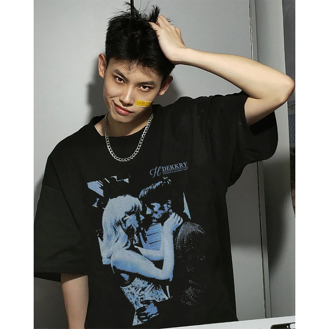 100%纯棉美式复古高街人物字母印花短袖T恤夏季男女休闲百搭上衣