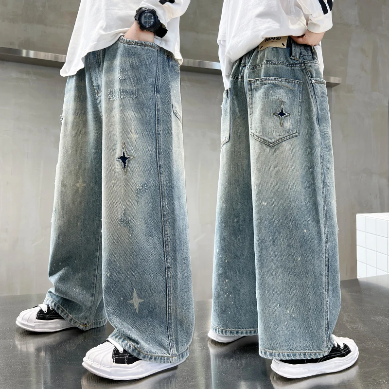 男童韩版牛仔裤春秋宽松2025中大童休闲韩版洋气儿童春季老爹长裤