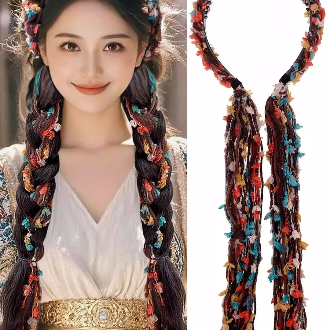 毛绒编发彩绳绑发宽边发箍云南藏族民族风发带头箍麻花辫发饰女