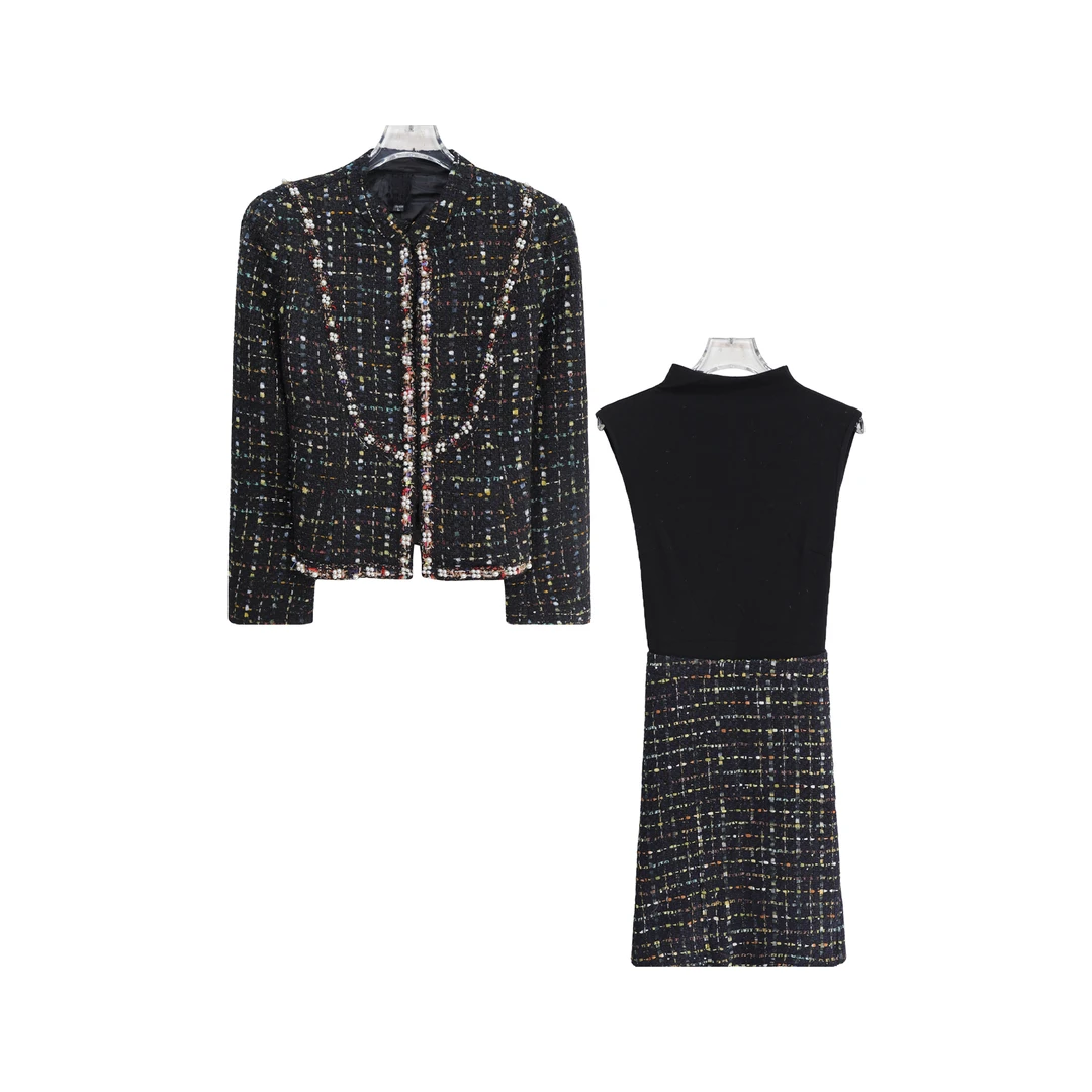 轻奢小香风外套拼接连衣裙高级感气质名媛套装S4075