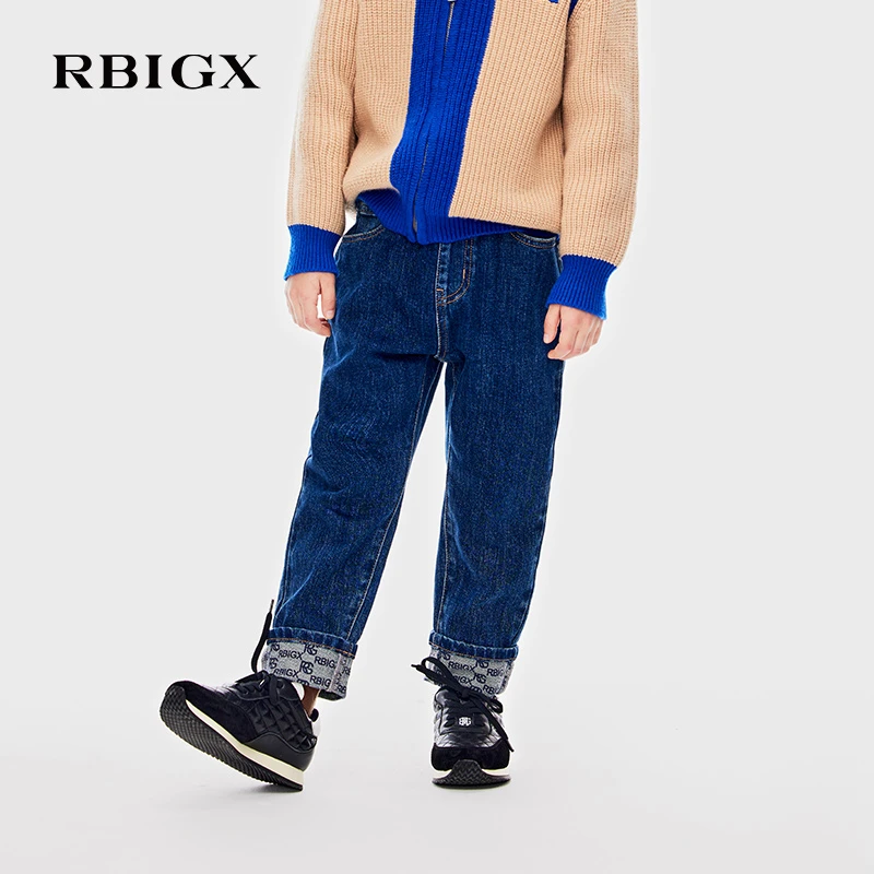 RBIGX瑞比克童装冬季男童Logo印花翻边加绒保暖牛仔裤NK3DR1652