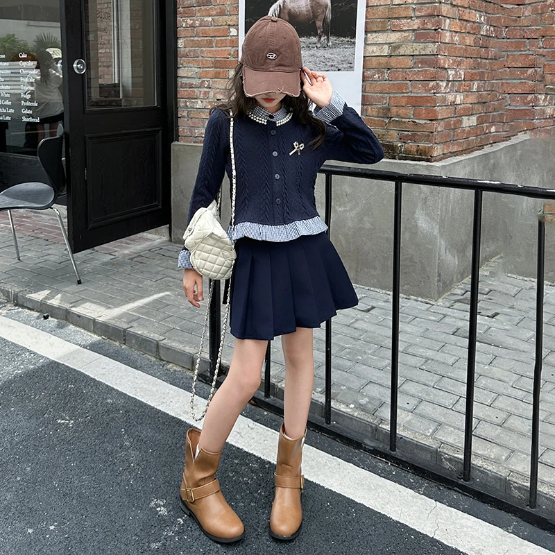 女童学院风套装春秋款2025新款6-12岁15中大儿童春装针织衫百褶裙