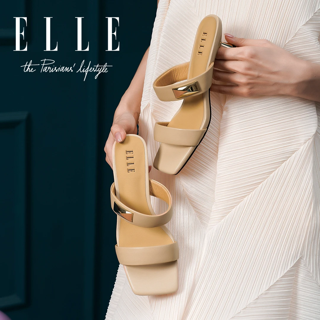 ELLE一字带拖鞋女外穿法式复古高跟凉鞋2025新款软皮细跟方头凉拖