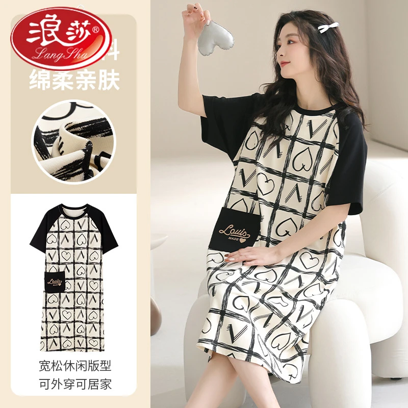 浪莎卡通睡衣女款100%纯棉短袖睡裙女夏季全棉宽松可爱家居服薄款