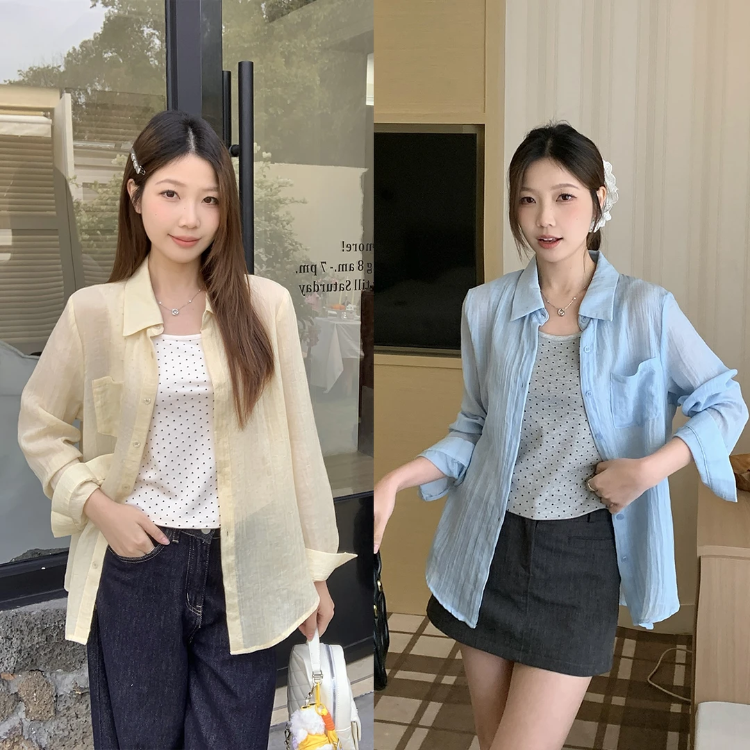 夏季新款胖mm大码薄款防晒衬衫波点内搭背心松弛感时尚两件套女