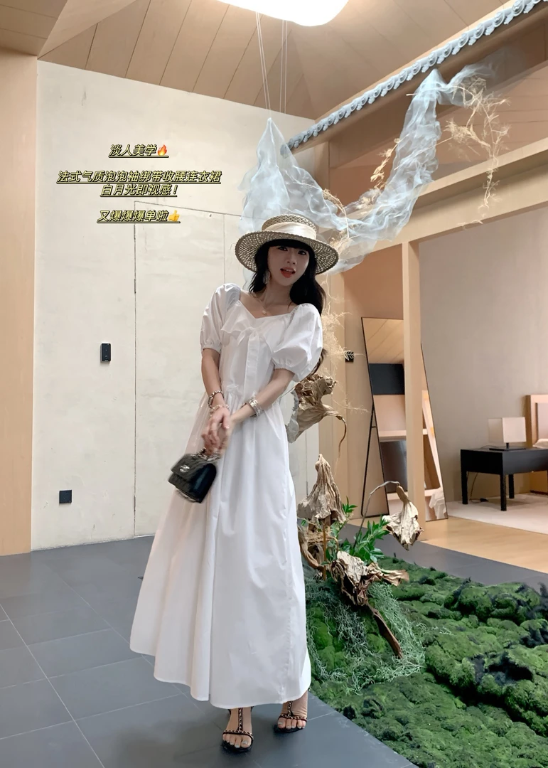 NONO福秒（9NO9768#)淡人美学 气质纯色抽绳收腰显瘦连衣裙9-617