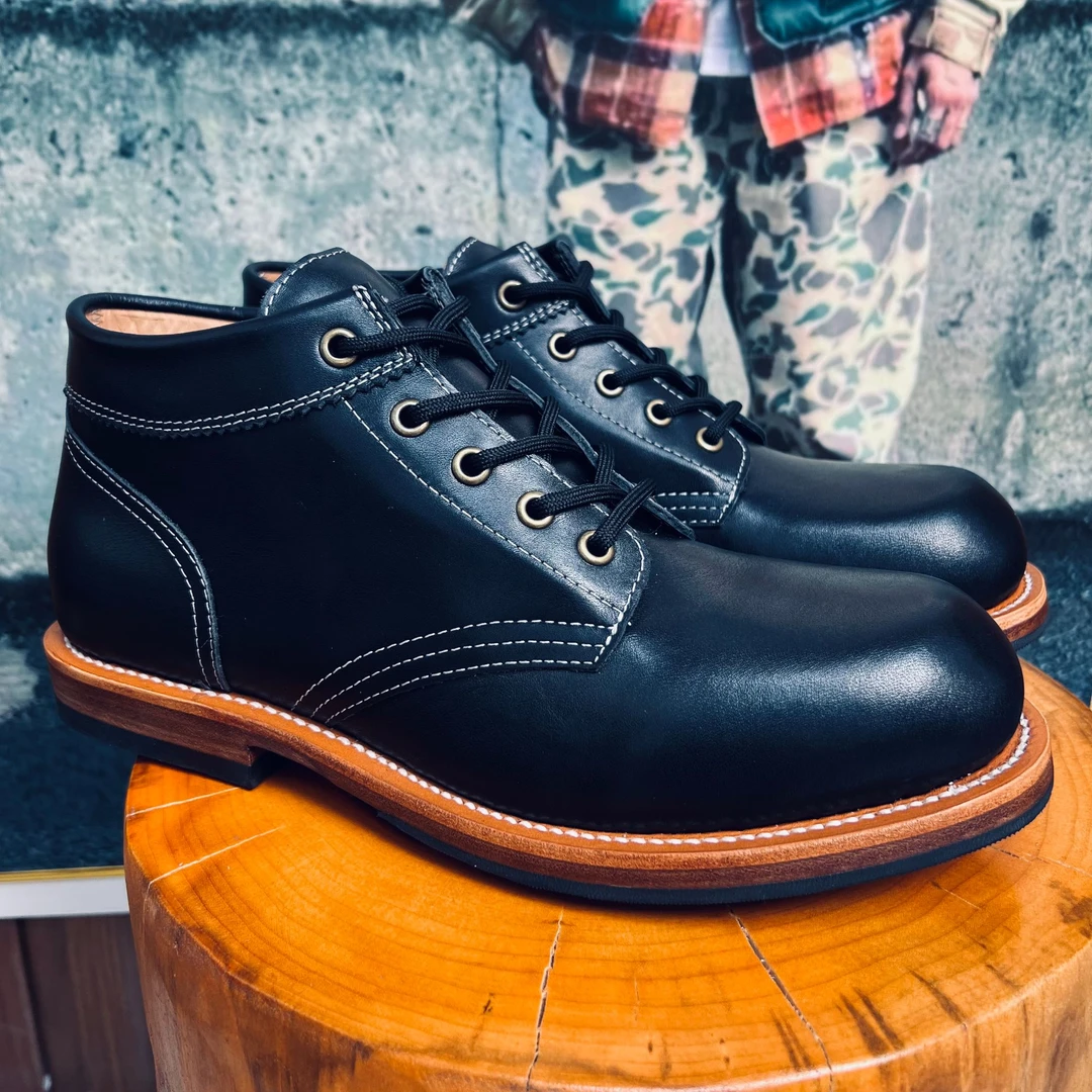 A01德永胜黑色头层贝利牛皮头层牛皮固特异 皮底皮跟 工装鞋经典