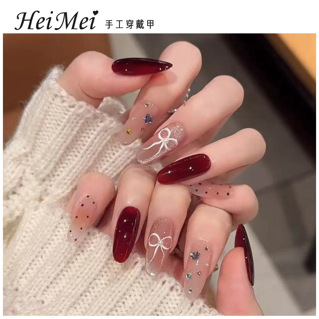 【红酒佳人】高级感车厘子红色甲片猫眼蝴蝶结显白精致美手工穿戴甲