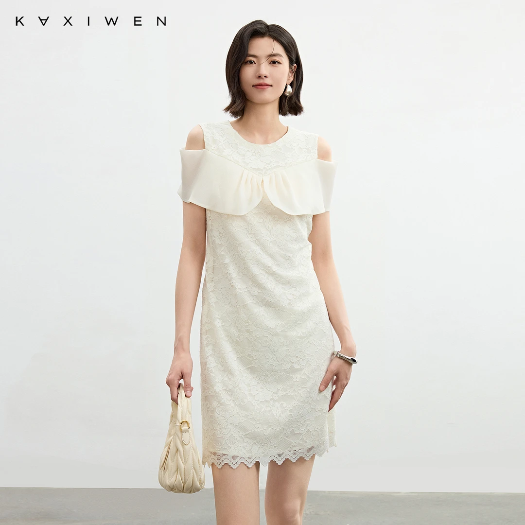 佧茜文蕾丝拼接露肩连衣裙【夏新】优雅慵懒感中长裙女D05ALW6118