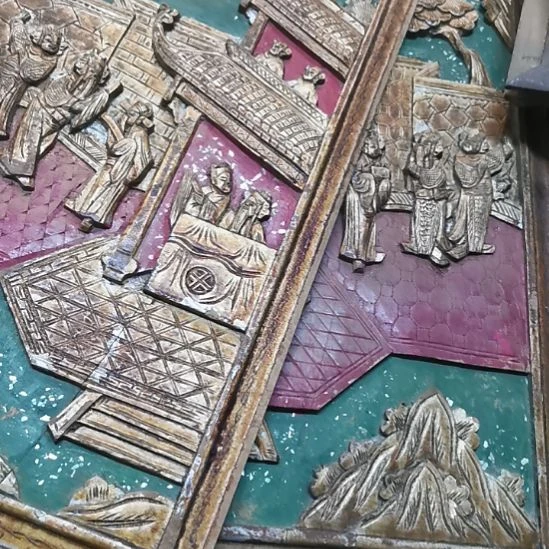 福***禄香榧木老木雕花版一对