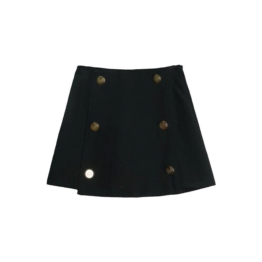 E6302纯色简约B字母纽扣黑色显瘦短裙(LOGO)