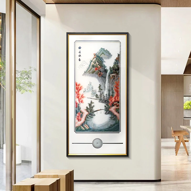 货新中式装饰画沙发背景墙画山水挂画刺绣成品源远山水80160