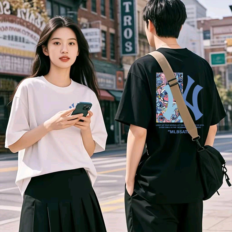 203潮牌联名款潮牌T恤男女同款时尚百搭圆领印花t恤短袖前后蓝Y