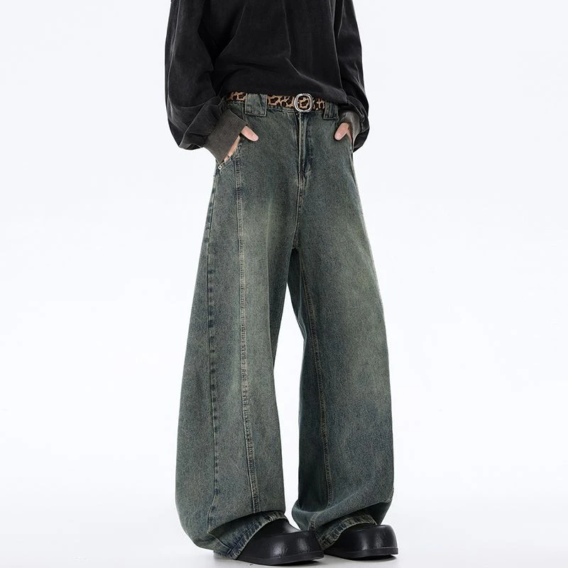 秋冬新款美式高街cleanfit潮阔腿弯刀牛仔裤男宽松直筒拖地长裤子