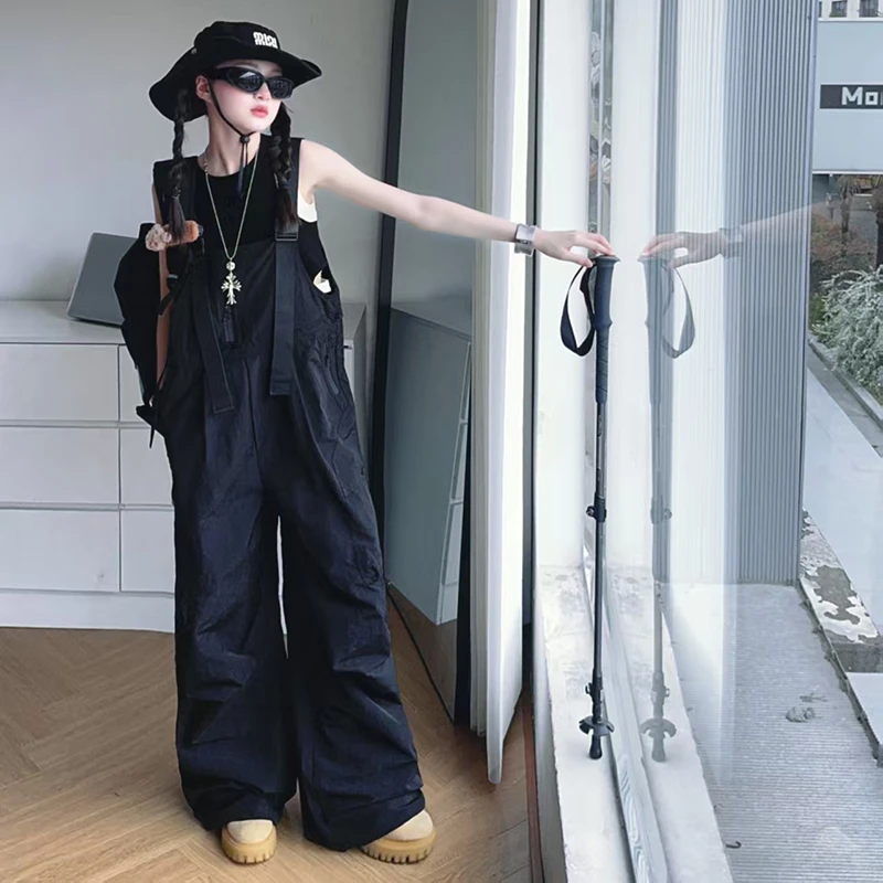 女童2025夏季新款美式复古时尚休闲百搭背带裤直筒裤宽松工装风潮