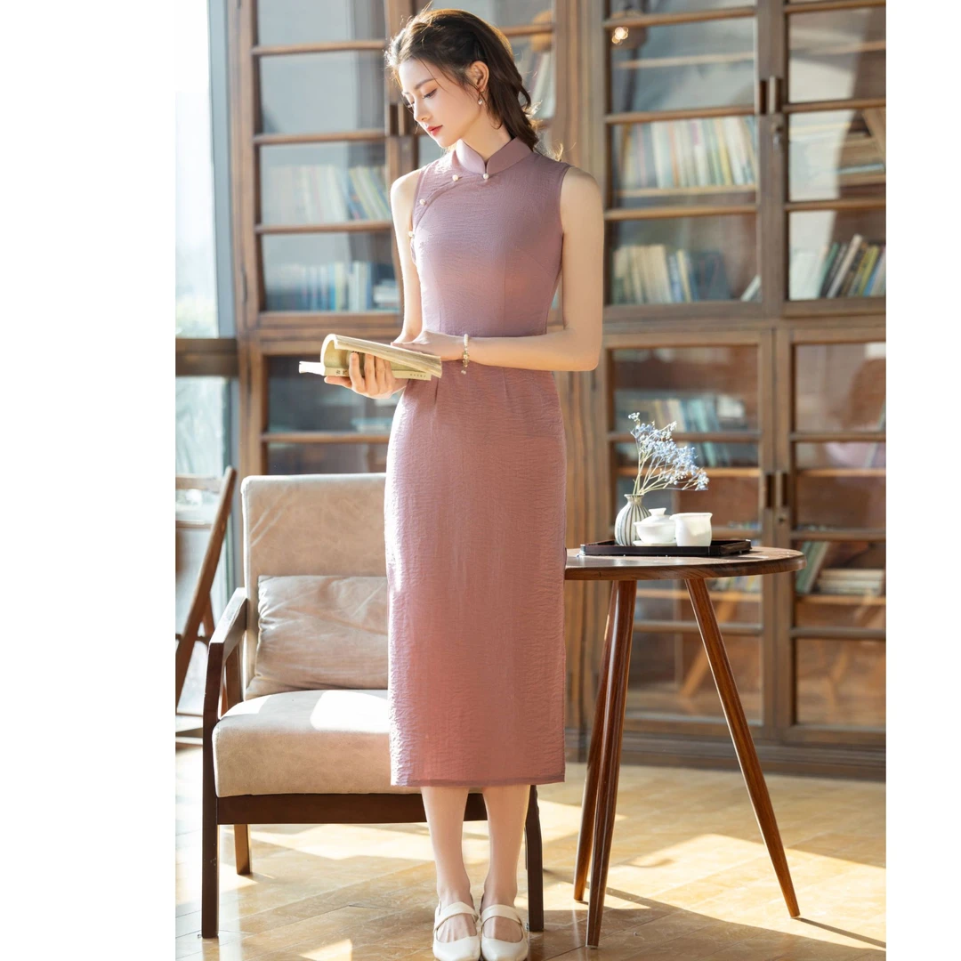 【樱粉夏语】旗袍2025新款高端修身小个子年轻气质百搭连衣裙