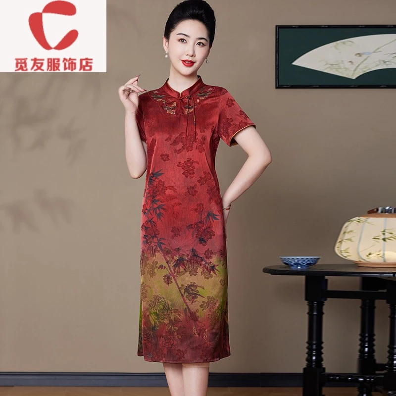 觅友服饰妈妈夏装真丝旗袍连衣裙高贵气质中老年女装印花桑蚕丝裙