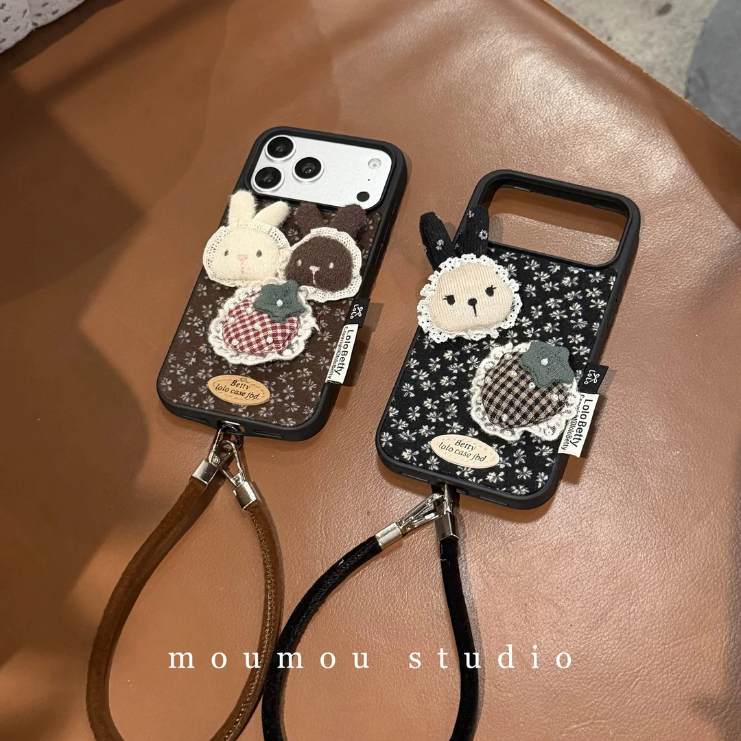 复古秋冬碎花立体兔子适用于苹果17ProMax手机壳保护套16pro/15女