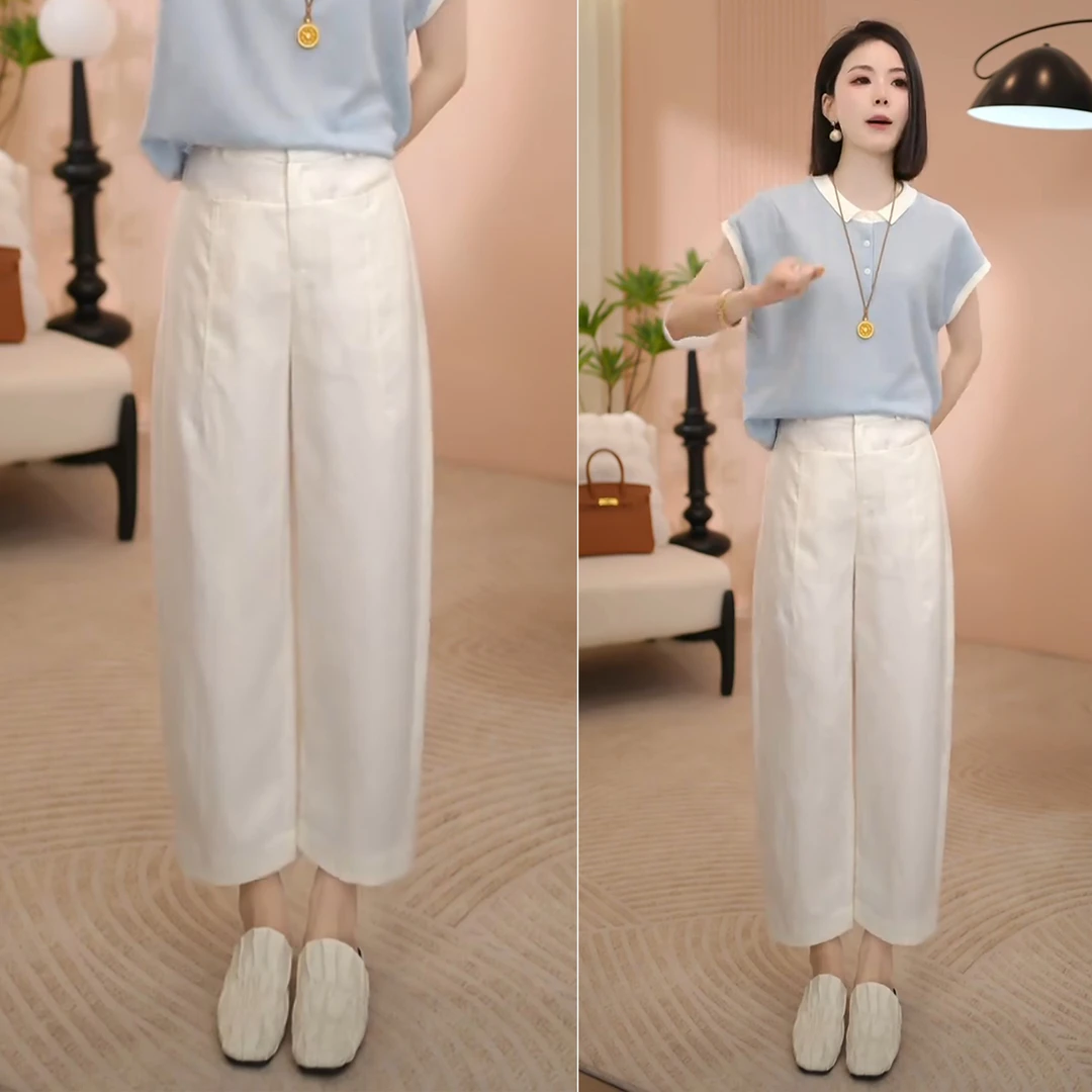 天丝亚麻哈伦裤女2025年夏季新款棉麻透气薄款休闲九分直筒烟管裤