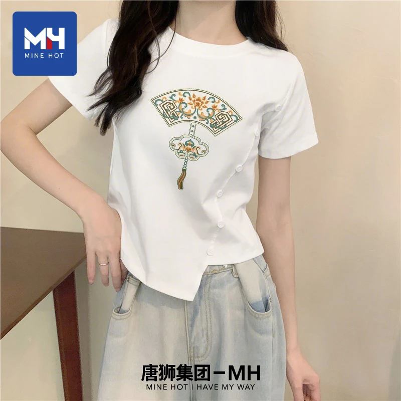 唐狮集团MH新中式国风短袖女夏季纯棉正肩t恤小众不规则短款上衣