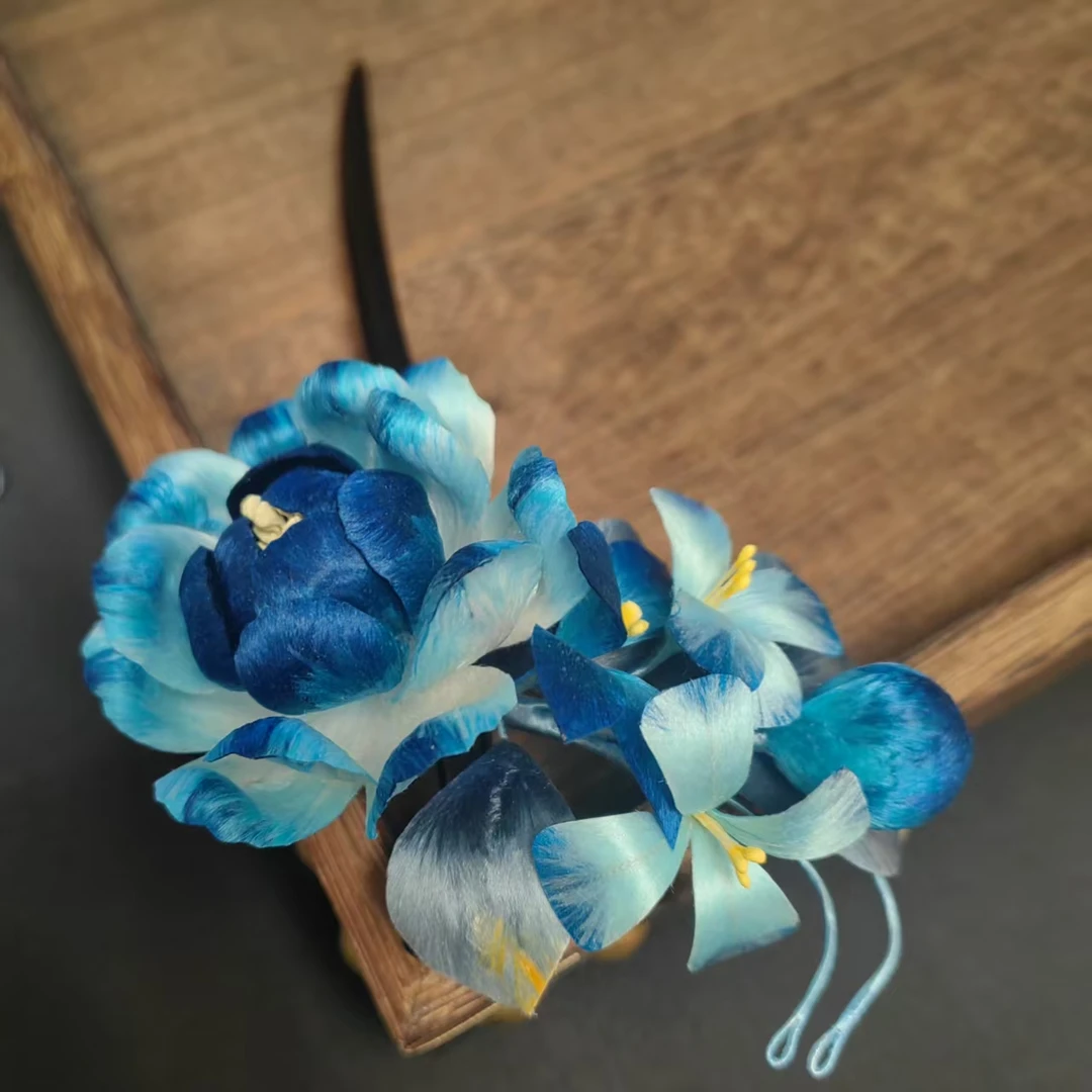 【幽蓝】南京非遗绒花纯手工制作渐变蓝色牡丹花边夹款