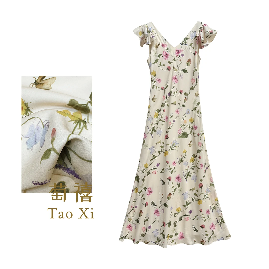 【子涵】现货 七夕限定 淡雅 桑蚕丝双绉 印花V领连衣裙TX06QZ1066