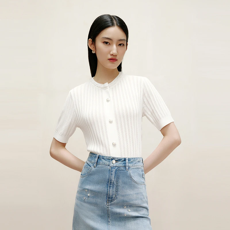 LIME/莱茵【海盐初夏】夏季镂空钩花简约针织开衫白色LDGB3AKCD004