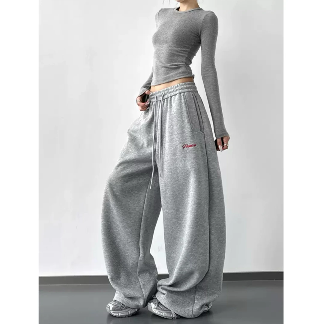 美式灰色运动裤女早秋2025新款高腰直筒宽松休闲卫裤工装阔腿裤子