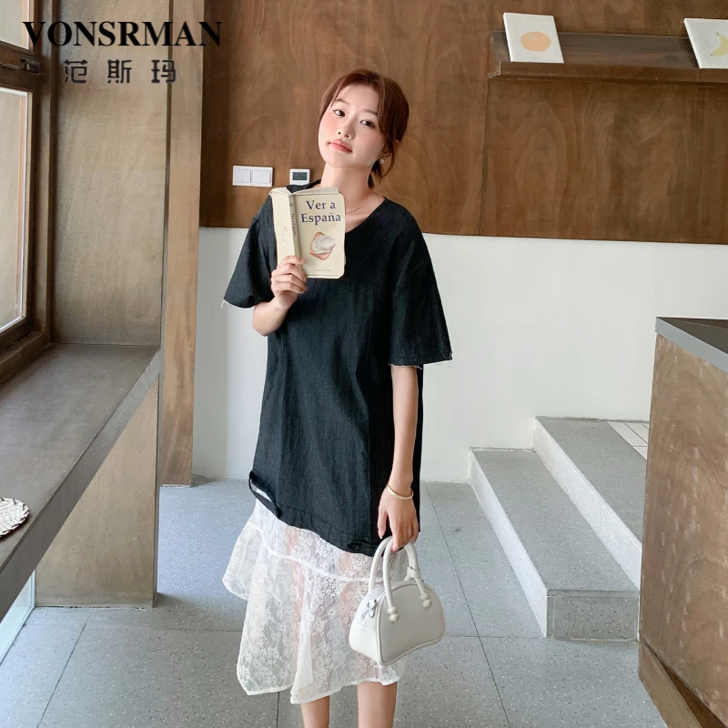 法式减龄休闲T恤连衣裙女夏季2025新款时尚蕾丝拼接宽松显瘦长裙