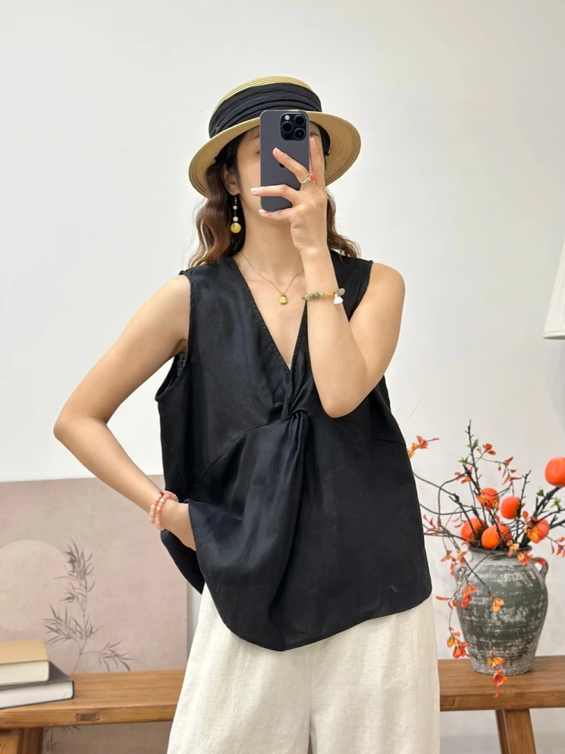 纯色甜美苎麻无袖背心女2025夏季轻盈薄款t恤小衫棉麻舒适V领上衣