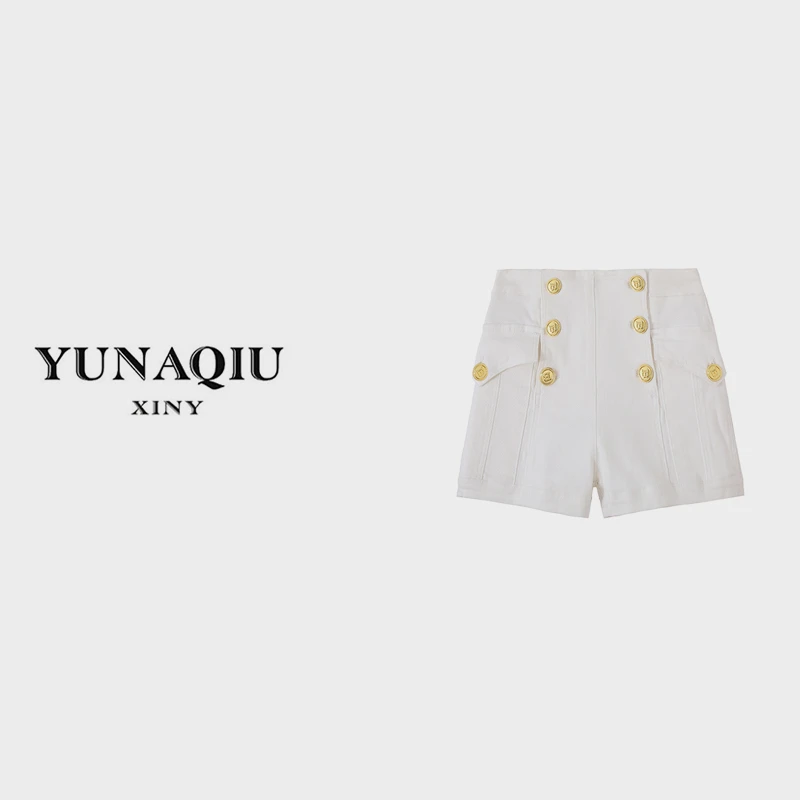 YUNAQIU白色休闲宽松时尚百搭高腰短裤时髦阔腿显瘦A字裤-5756