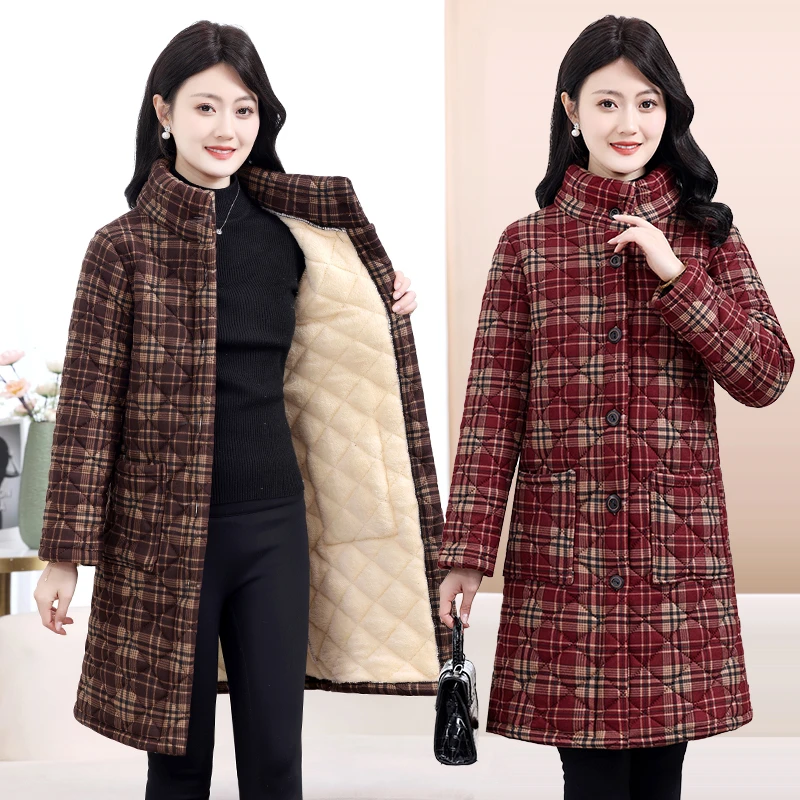 A9989新款冬季加绒棉袄中长款棉衣妈妈装时尚减龄大格子棉服外套
